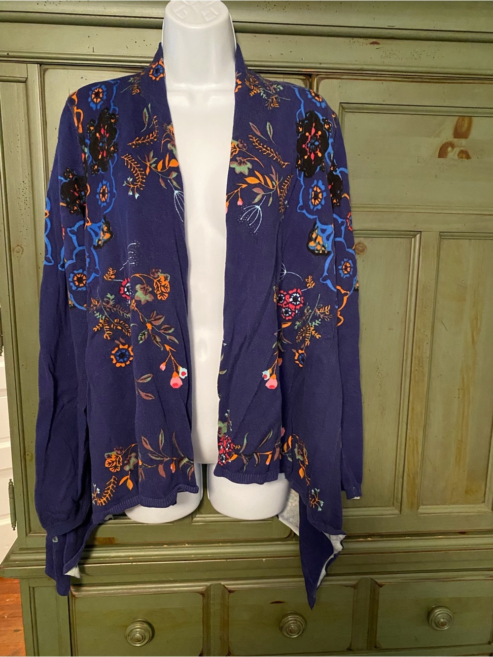 Anthropologie Navy Floral Open-Front Cardigan with Multicolor Blooms